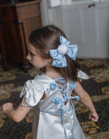 Girl | Daphne Satin Dress with Embroidery | White x Blue
