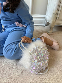 Girl | Sequin Feather Hand Bag | White
