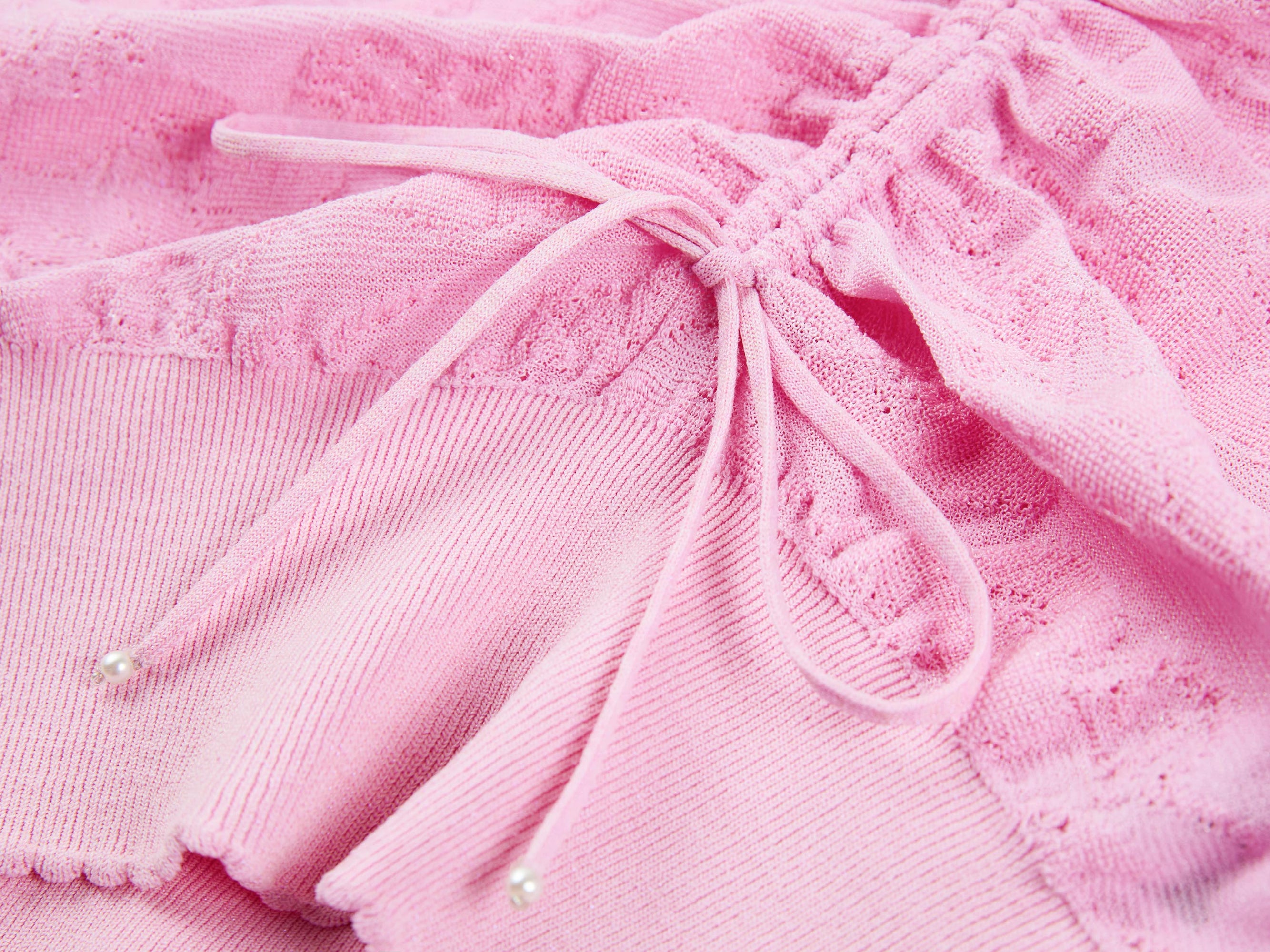 Textured Openwork Jacquard Drawstring Waist Knit Top | Pink