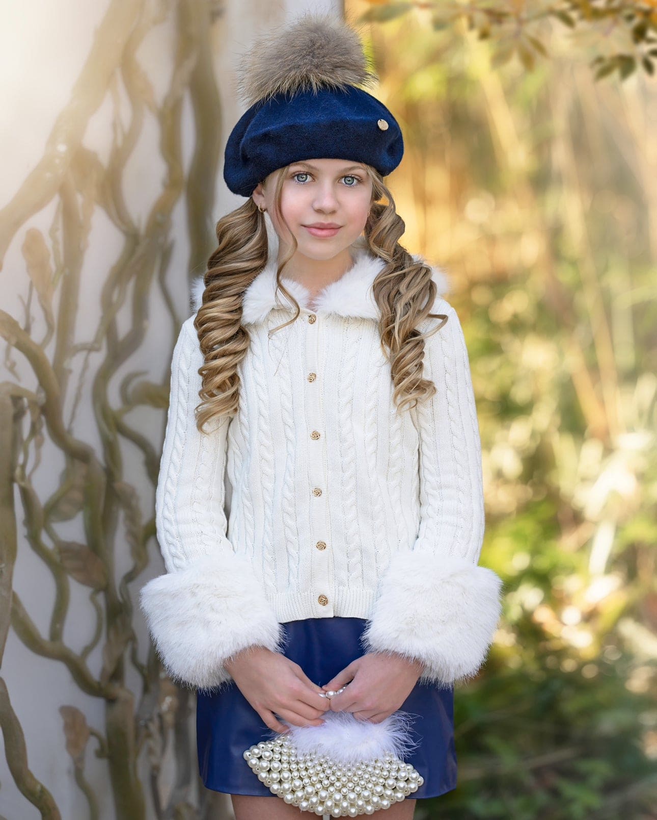 Girl | Cableknit Faux Fur Cotton Cardigan | White