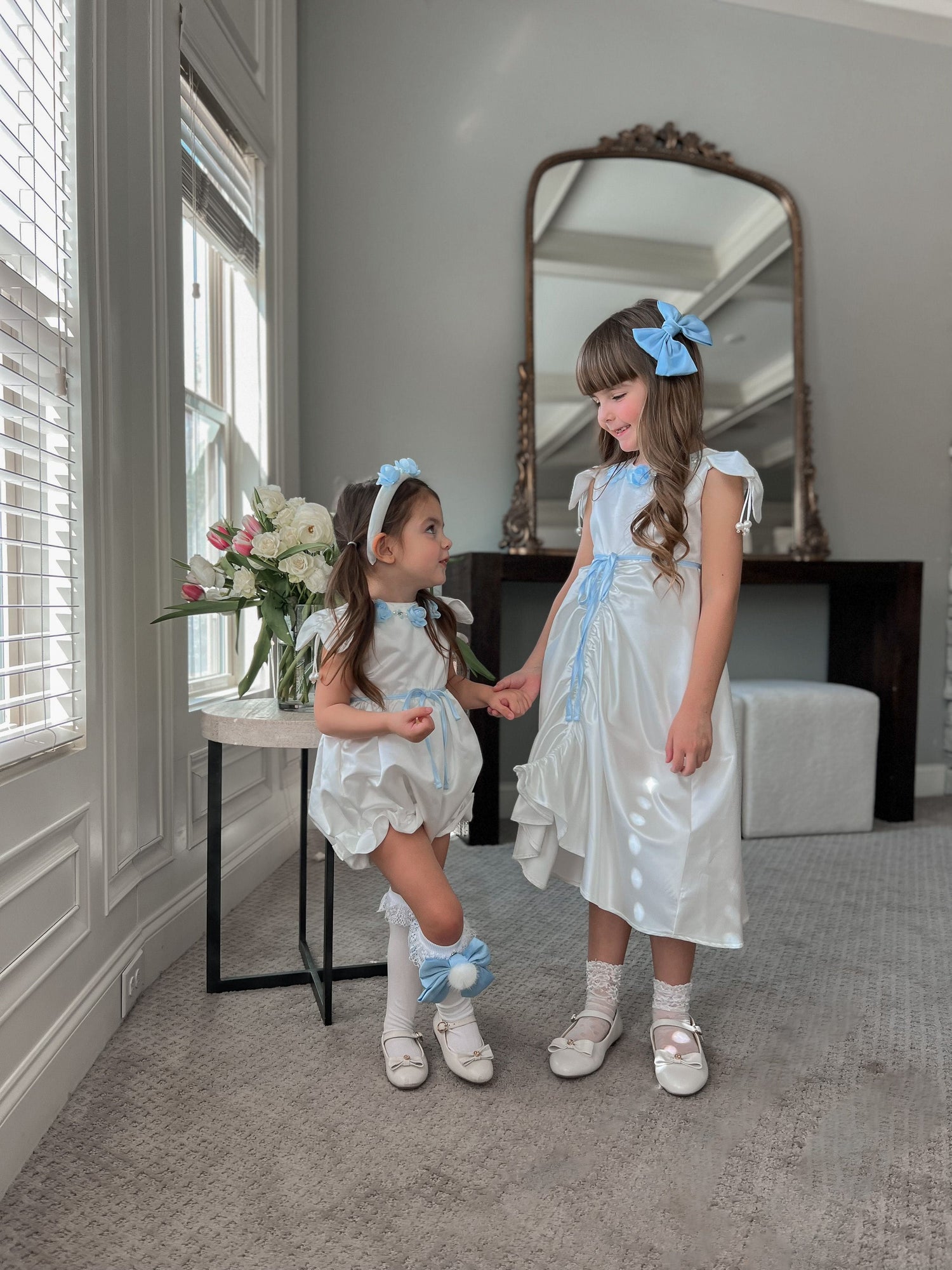 Girl | Daphne Satin Dress with Embroidery | White x Blue