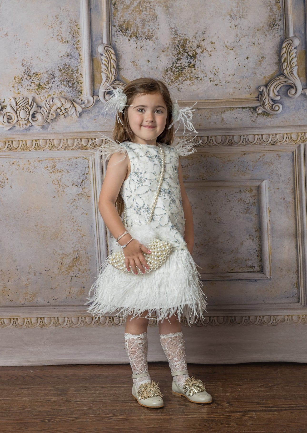Girl | Olivia Feather Dress | White x Baby Blue