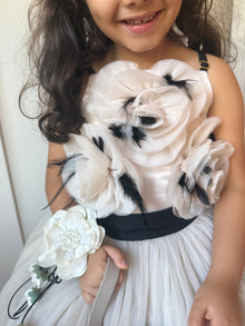 Girl | Evangeline Ivory Flower Tie With Pearl Center and Flower Tassels | Champagne