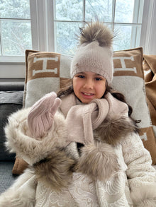 Unisex | Honeycomb Cashmere Fur Pom Scarf Fur Poms | Beige