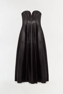 Black leather bustier gown with strapless sweetheart neckline and full pleated skirt.