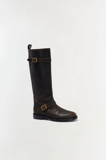 Black leather knee-high boot with buckle straps and pull tab on heel.