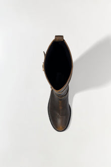 Brown leather moto boot with buckle strap, shown from above with open top view.