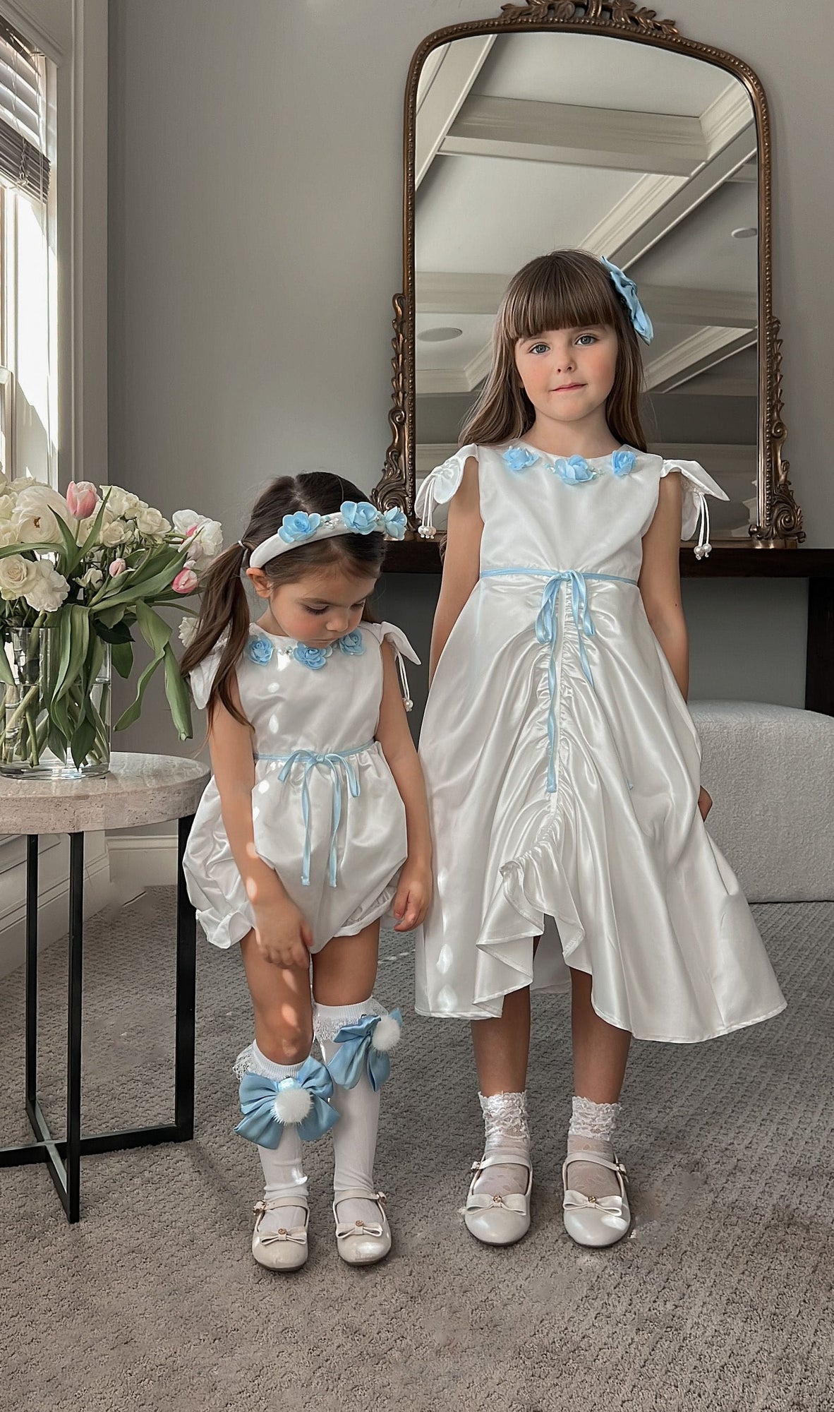 Girl | Daphne Satin Dress with Embroidery | White x Blue