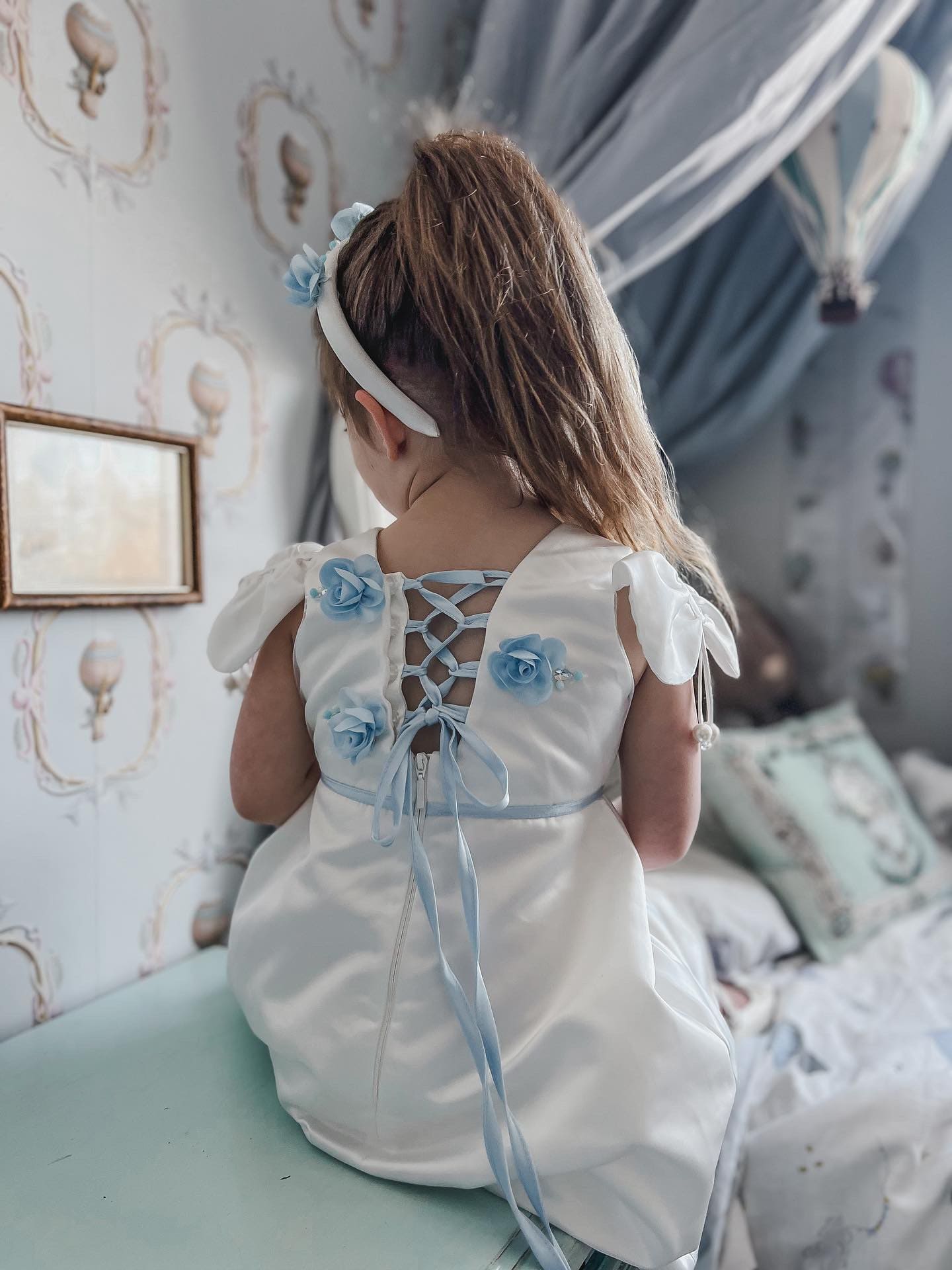 Girl | Daphne Satin Dress with Embroidery | White x Blue