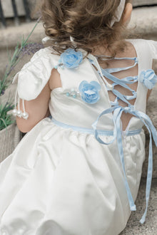 Girl | Daphne Satin Romper with Embroidery | White x Blue