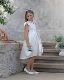 Girl | Daphne Satin Dress with Embroidery | White x Blue