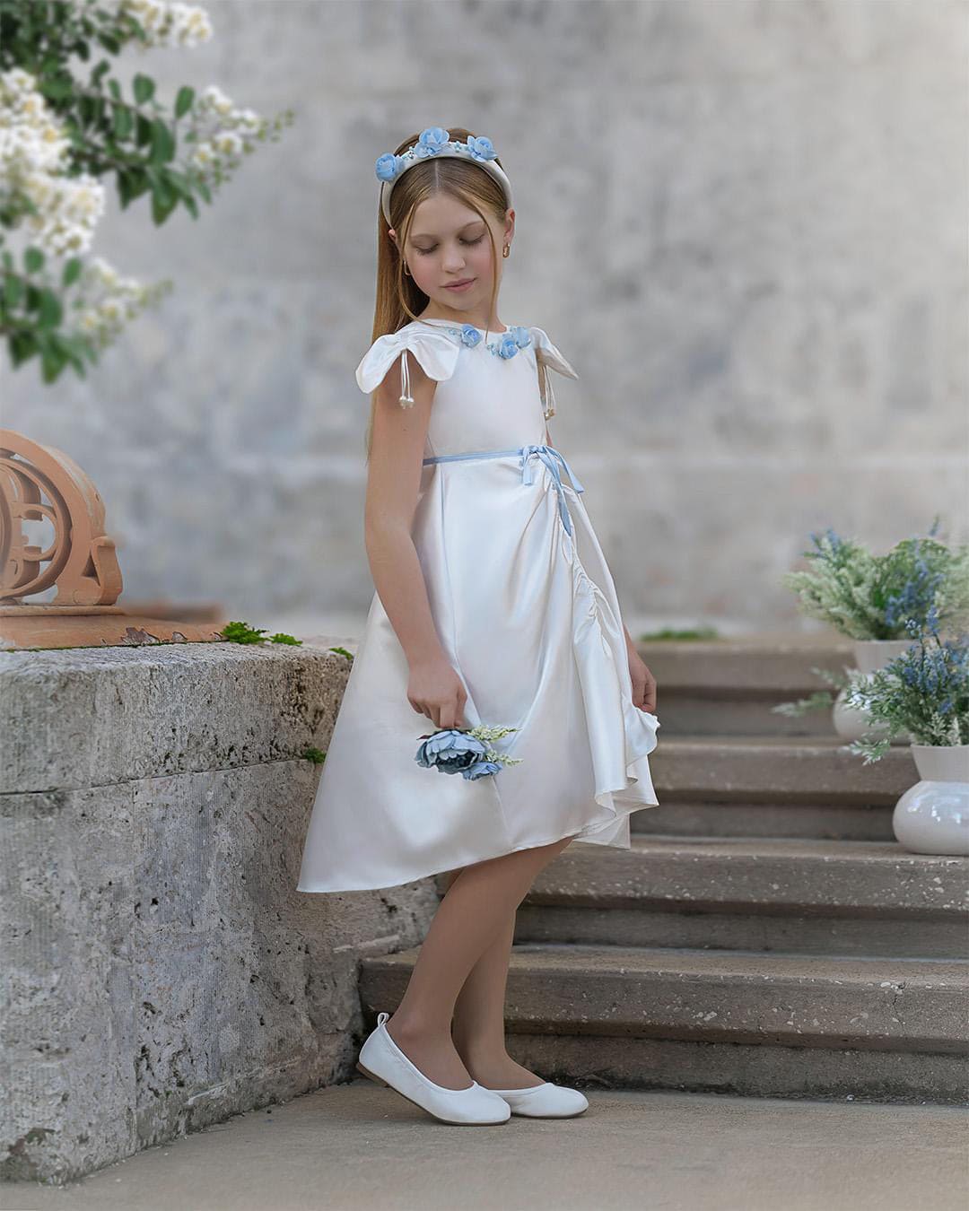Girl | Daphne Satin Dress with Embroidery | White x Blue
