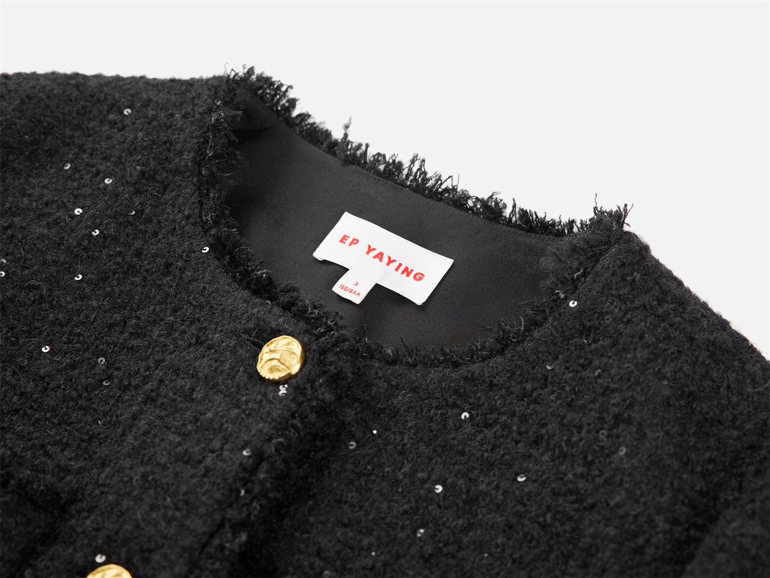 Sequin Tweed Straight Short Boxy Coat | Black