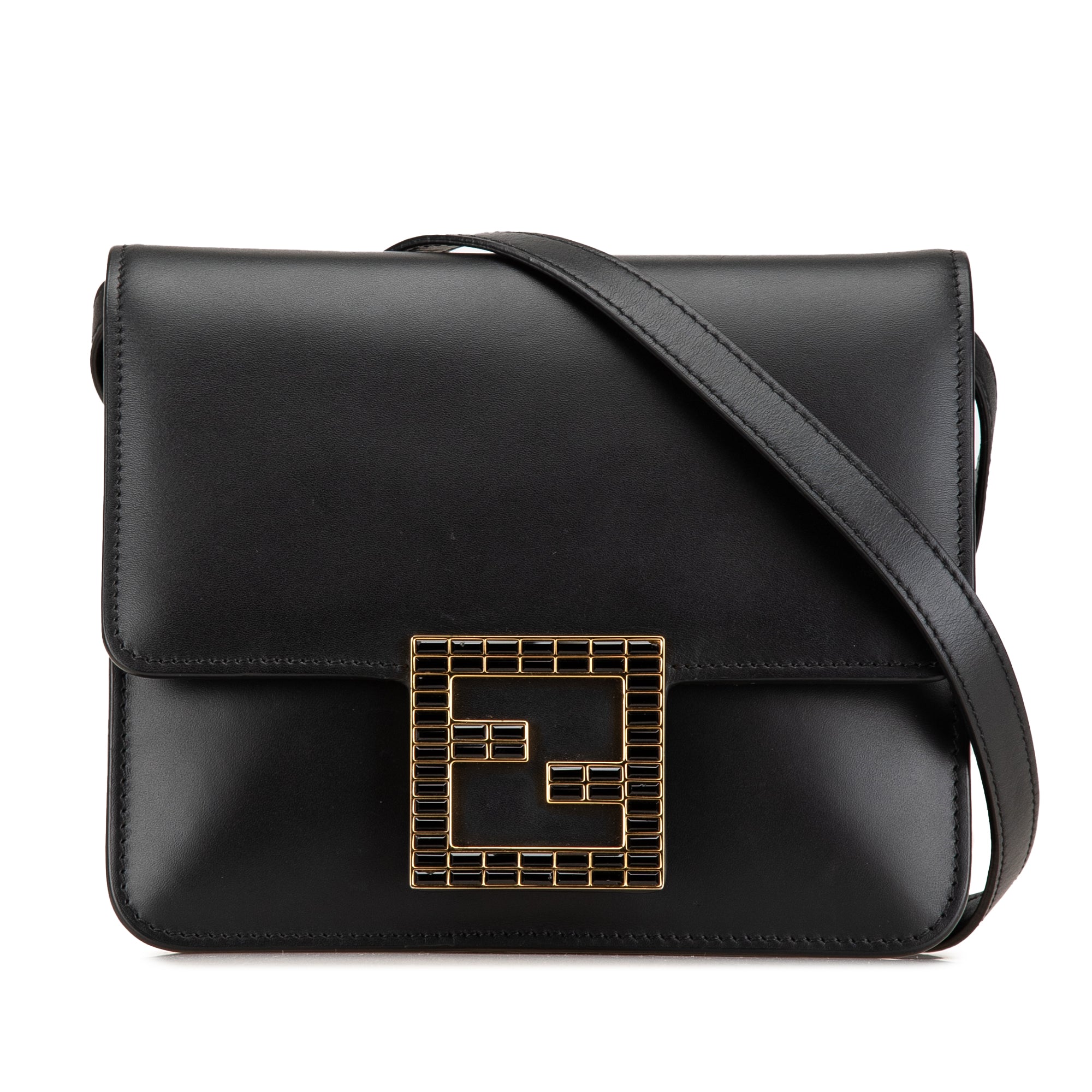 Fendi | Pre-Owned Leather Crystal Fab Crossbody | Black