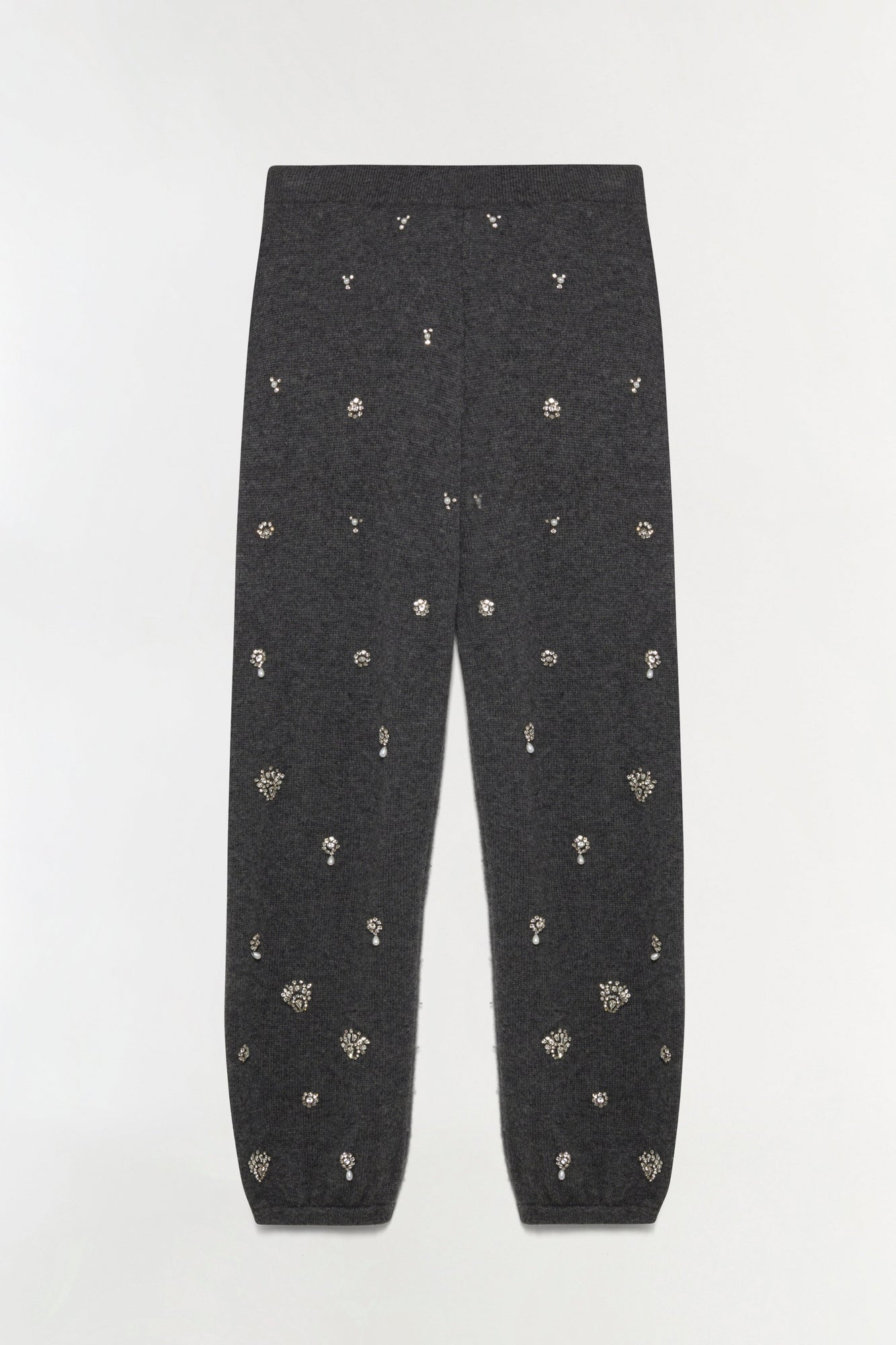 Charcoal gray cashmere jogger with scattered silver crystal embellishments throughout.
