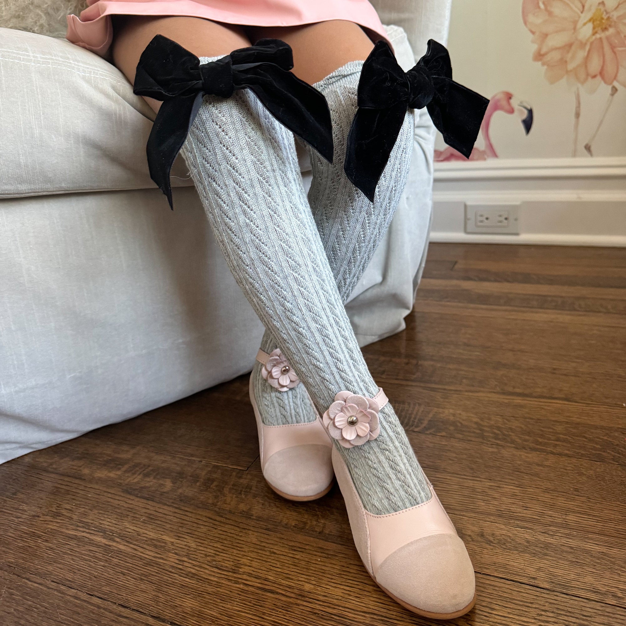 Grey Knee High Socks with Velvet Bows - Petite Maison Kids