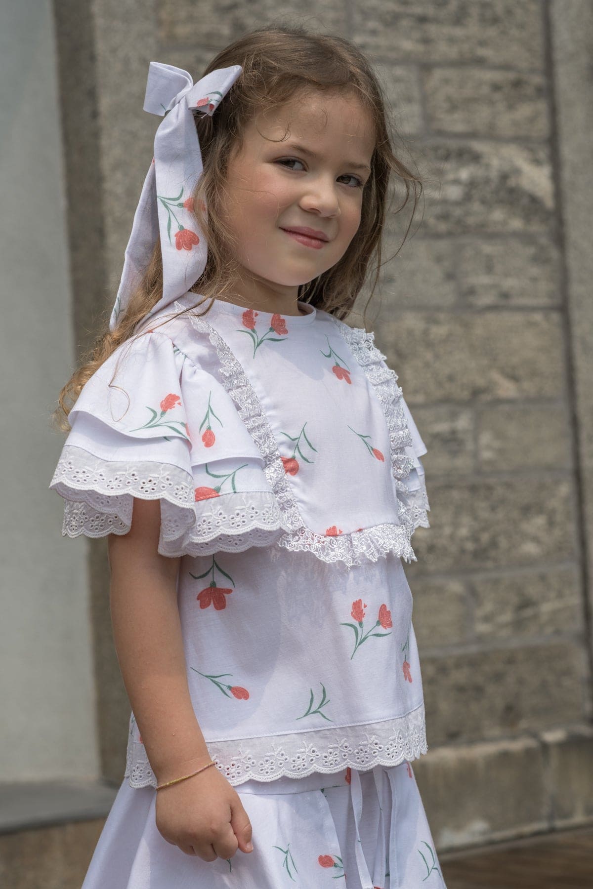 Girl | Tulip Print Cotton Hair Bow | White