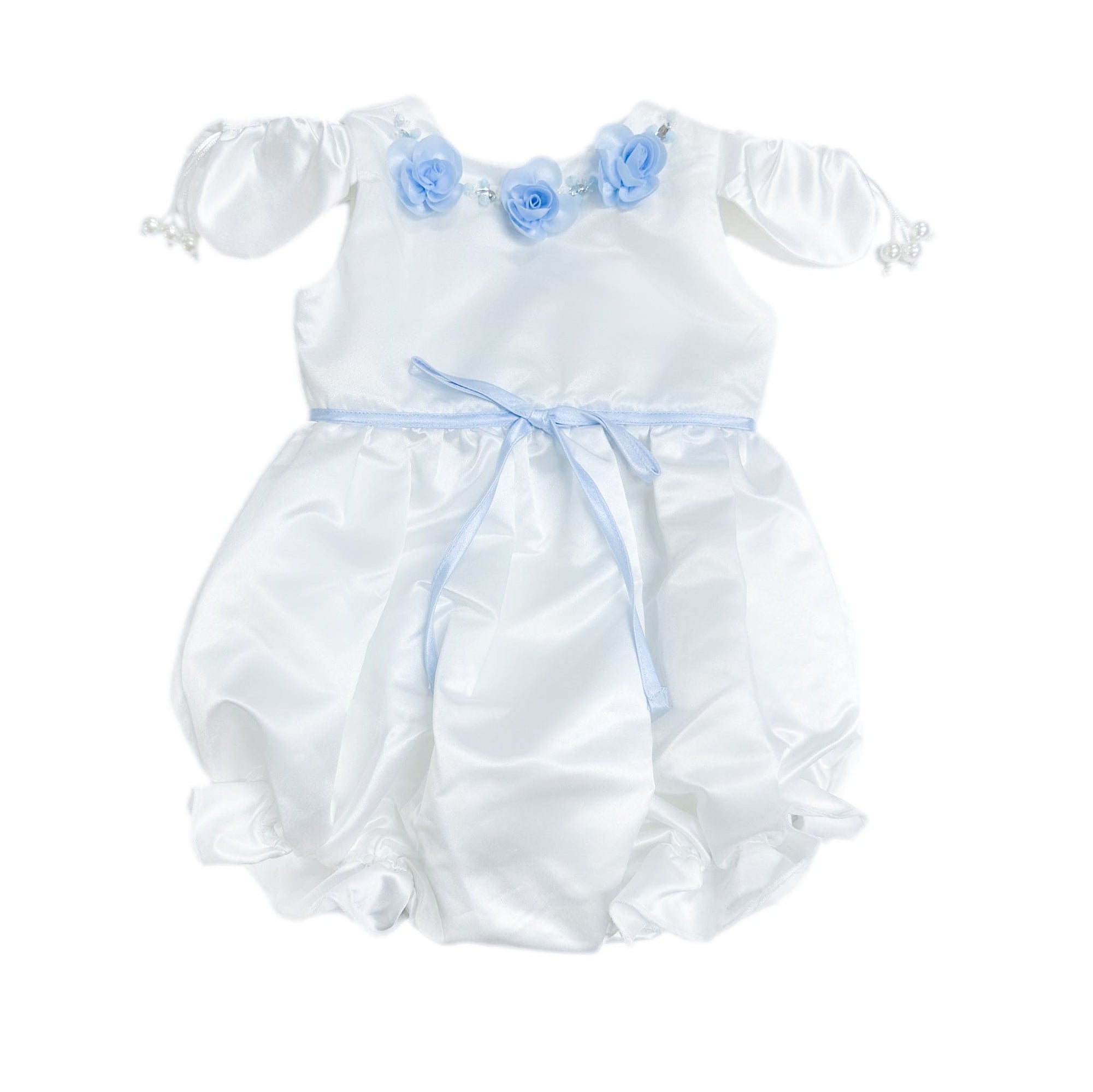 Girl | Daphne Satin Romper with Embroidery | White x Blue
