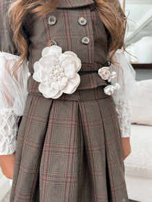 Girl | Evangeline Ivory Flower Tie With Pearl Center and Flower Tassels | Champagne