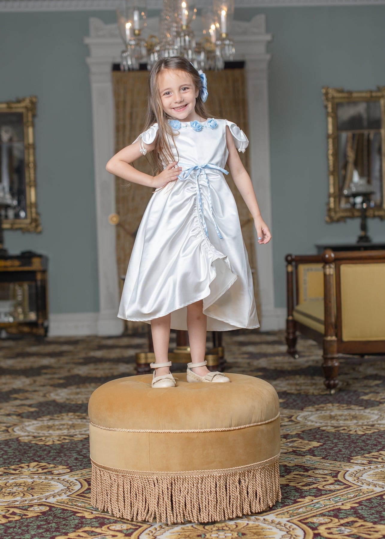 Girl | Daphne Satin Dress with Embroidery | White x Blue