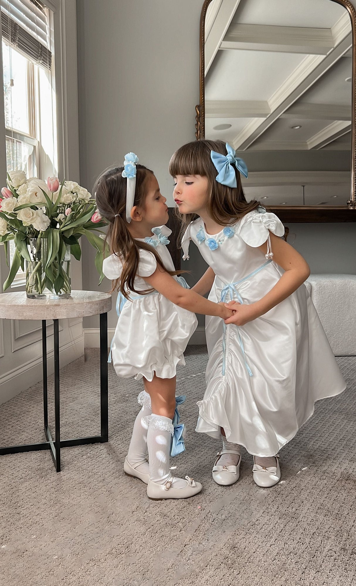 Girl | Daphne Satin Romper with Embroidery | White x Blue