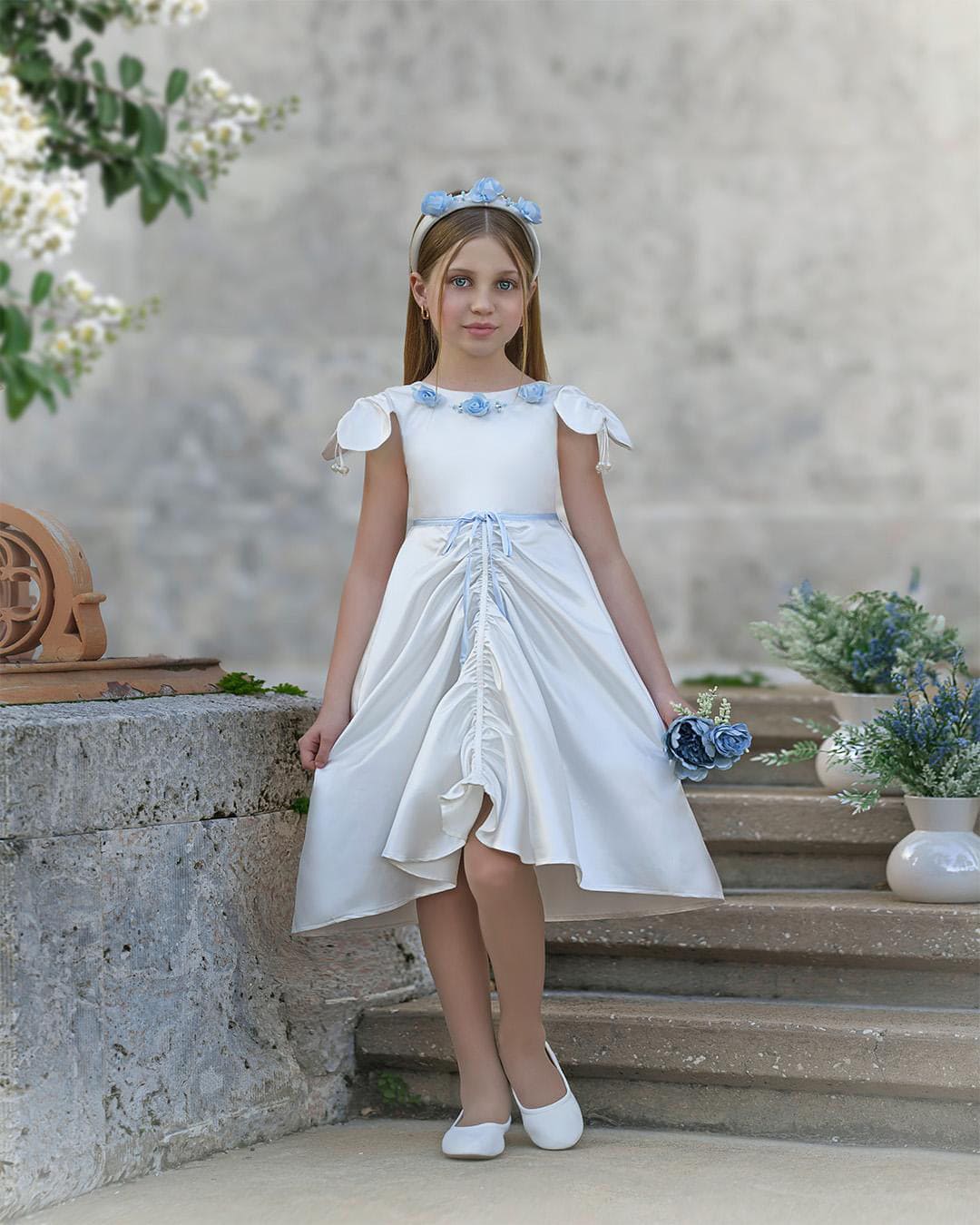 Girl | Daphne Satin Dress with Embroidery | White x Blue