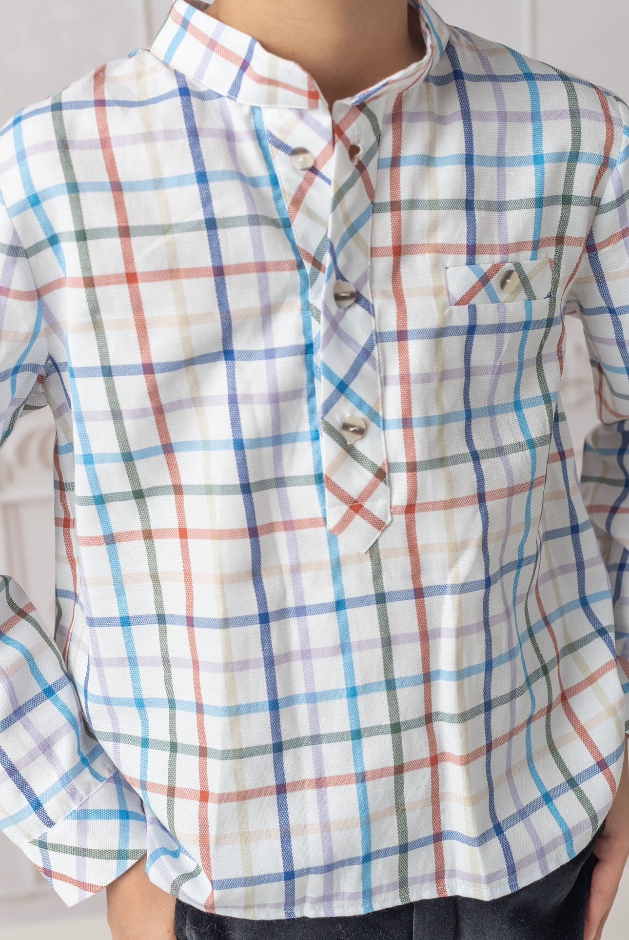 Boy | Charlie Checkered Mandarin Collar Shirt | White x  Multicolor