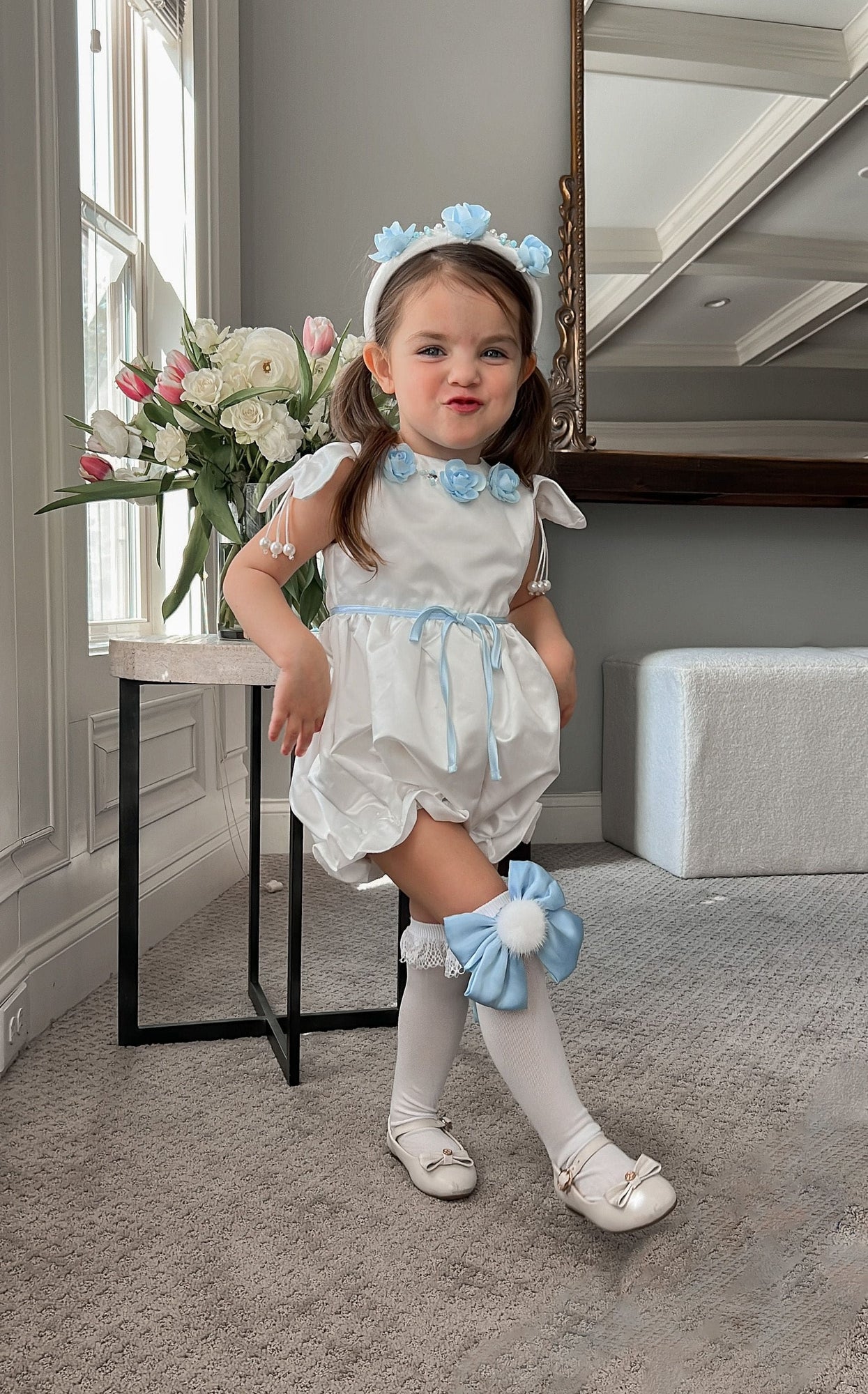 Girl | Daphne Satin Romper with Embroidery | White x Blue