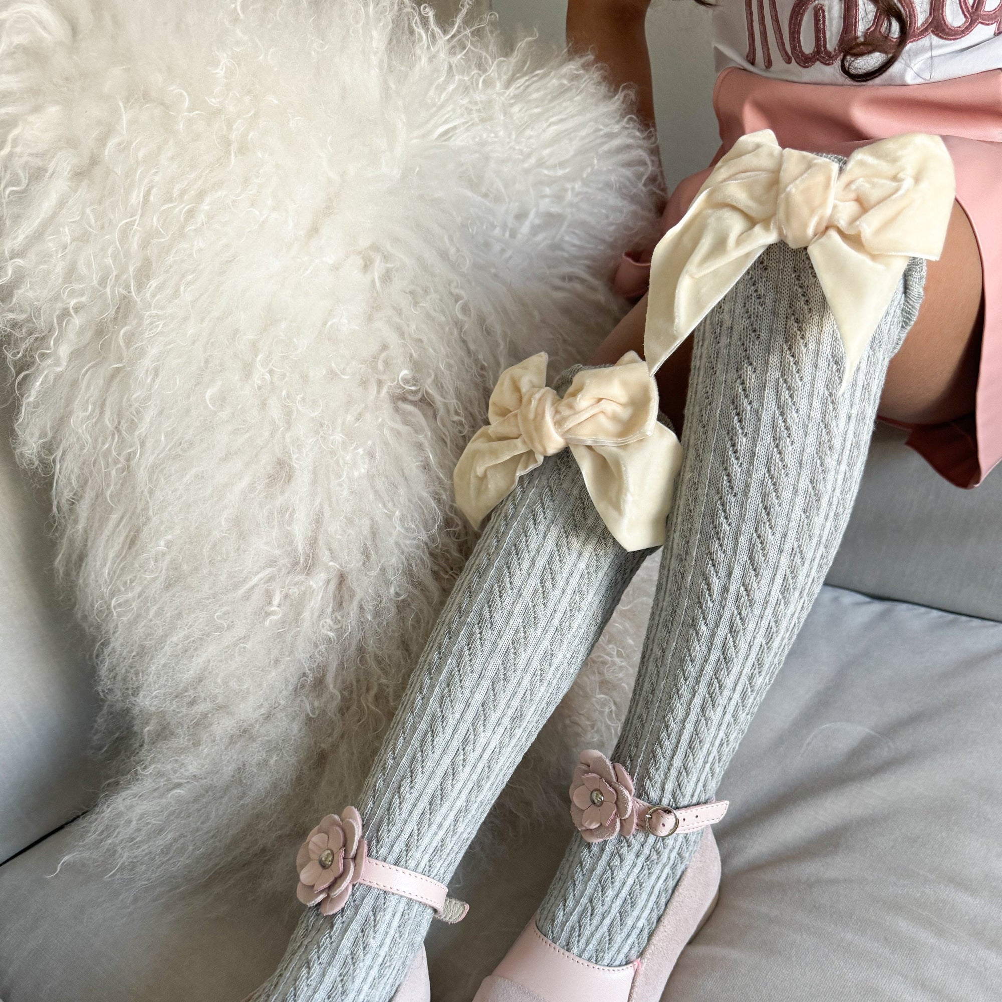 Grey Knee High Socks with Velvet Bows - Petite Maison Kids