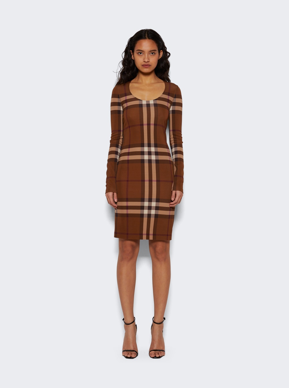 Women | BURBERRY | Check Stretch Long Sleeve Dress | Dark Birch Brown
