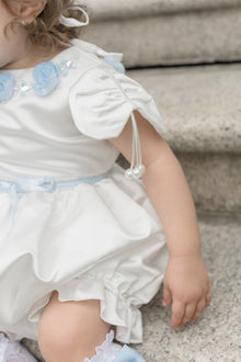 Girl | Daphne Satin Romper with Embroidery | White x Blue