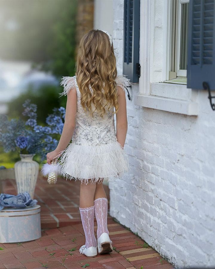 Girl | Olivia Feather Dress | White x Baby Blue