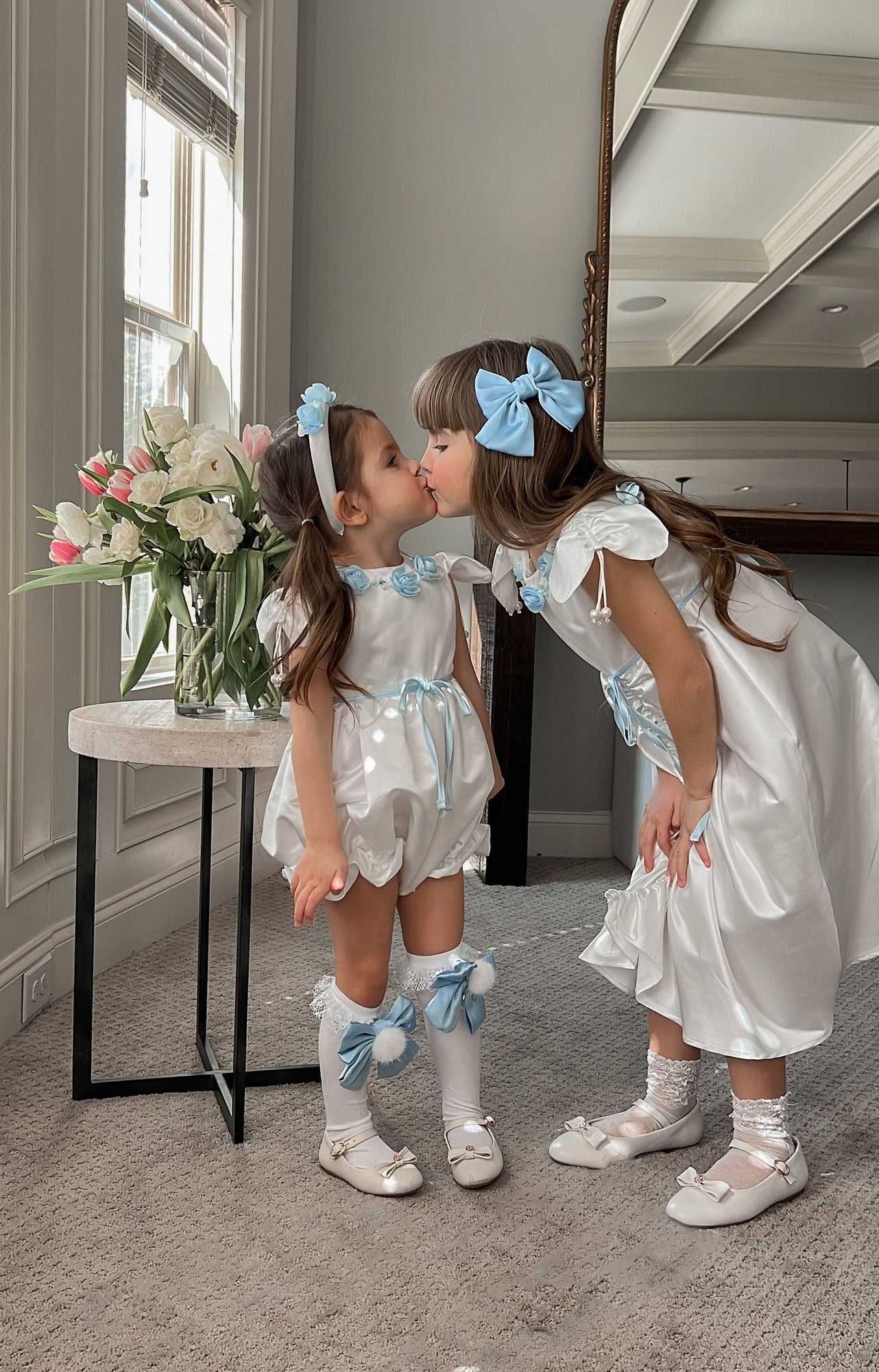 Girl | Daphne Satin Romper with Embroidery | White x Blue