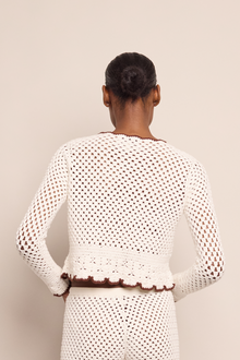 Alma Cardigan | Ivory Coffee Scallop Trim