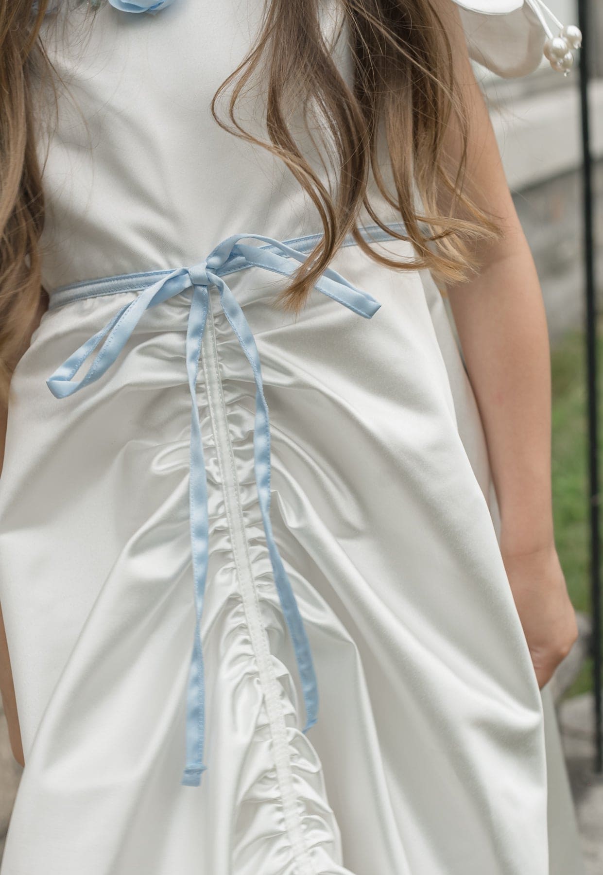 Girl | Daphne Satin Dress with Embroidery | White x Blue