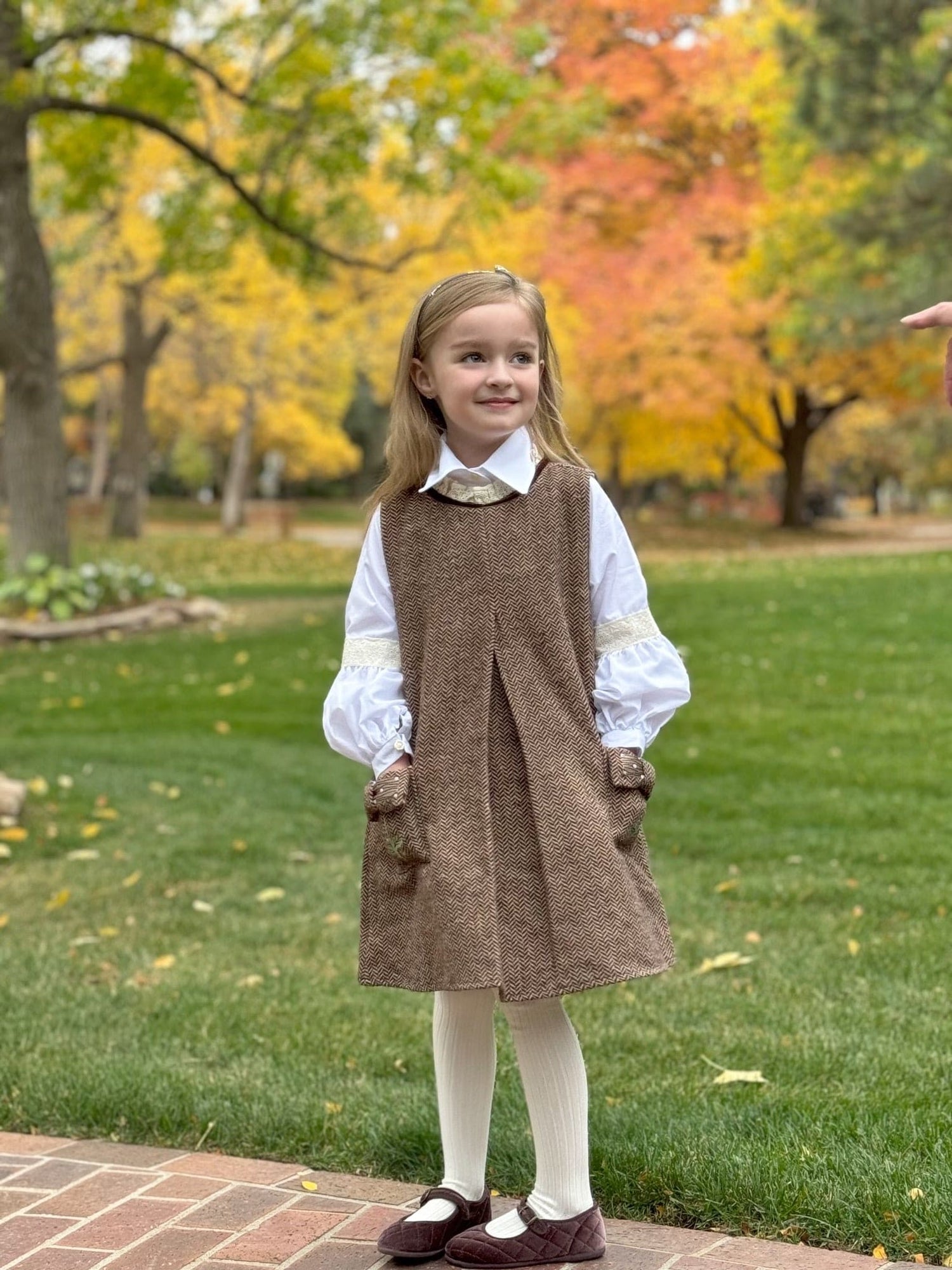 Girl | Herringbone Dress and Blouse Set | Brown x White