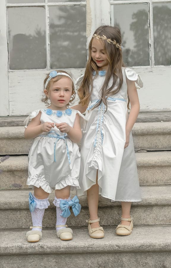 Girl | Daphne Satin Romper with Embroidery | White x Blue