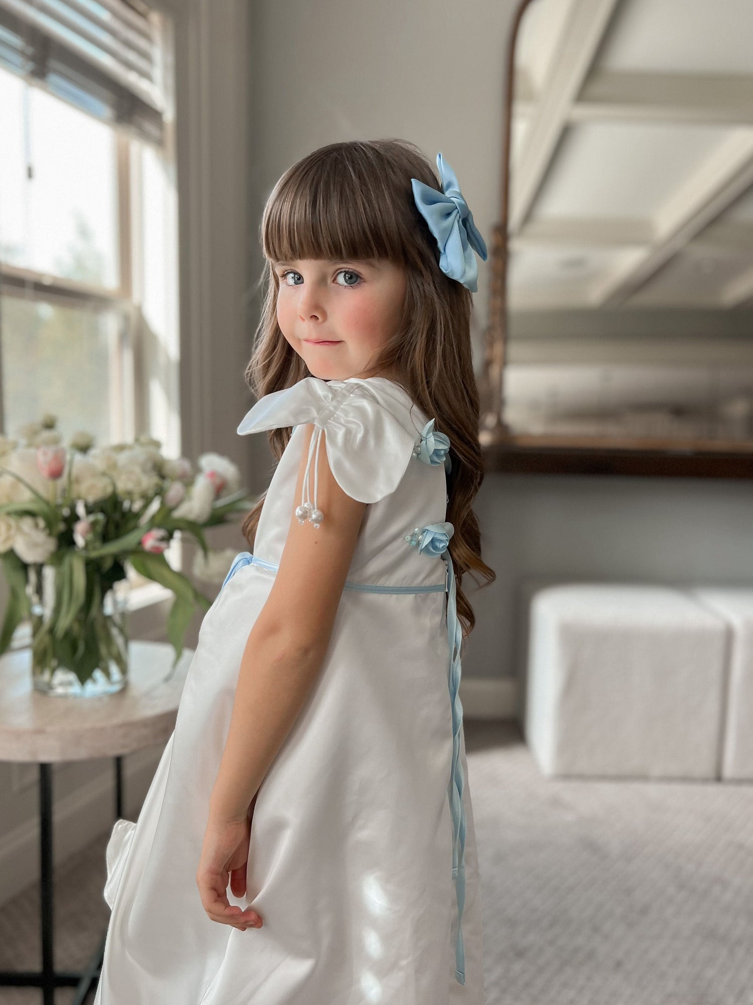 Girl | Daphne Satin Dress with Embroidery | White x Blue
