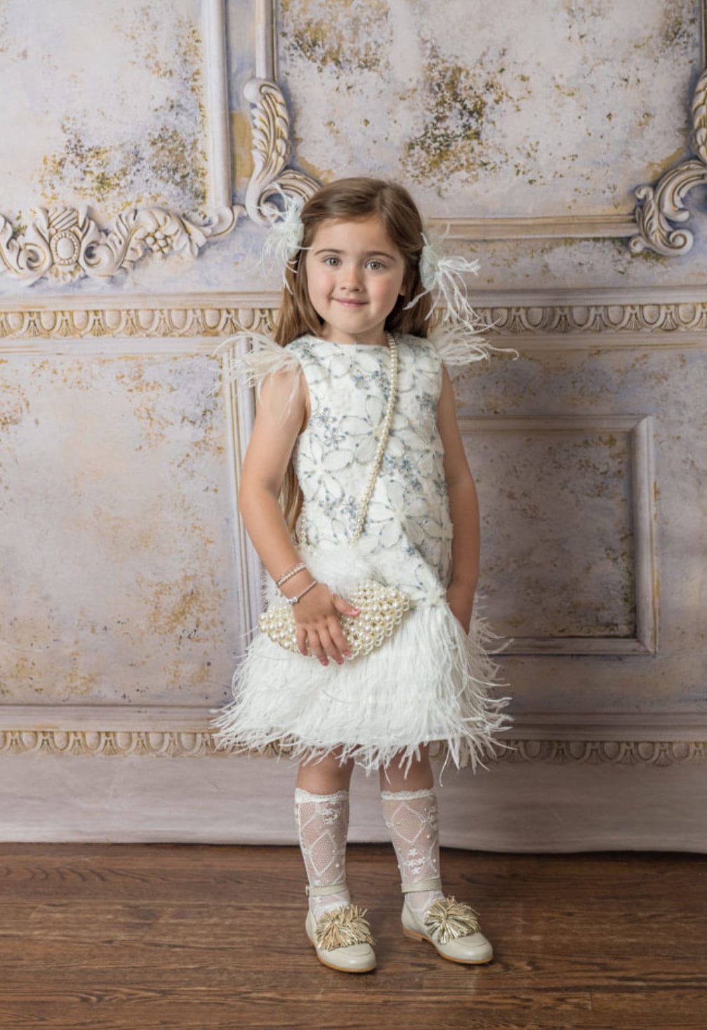 Girl | Olivia Feather Dress | White x Baby Blue