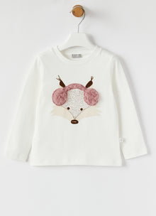 Fox with Headphones Print Cotton T-Shirt | Latte/Rosa Erica