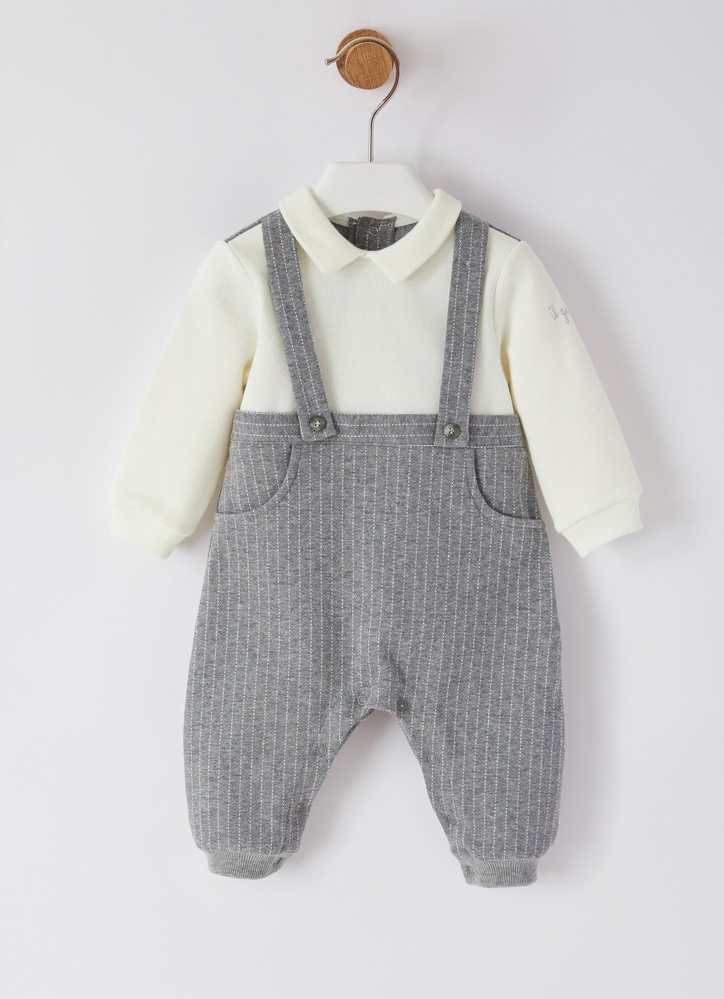 Pinstripe Jersey Dungaree Onesie | Grigio/Latte