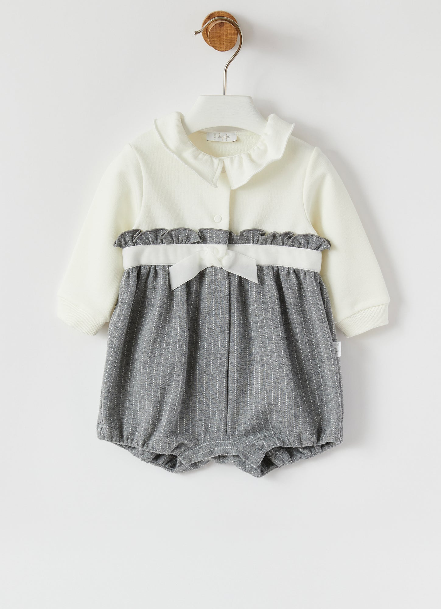 Pinstripe Jersey Onesie with Bow | Milk/Dark Grey