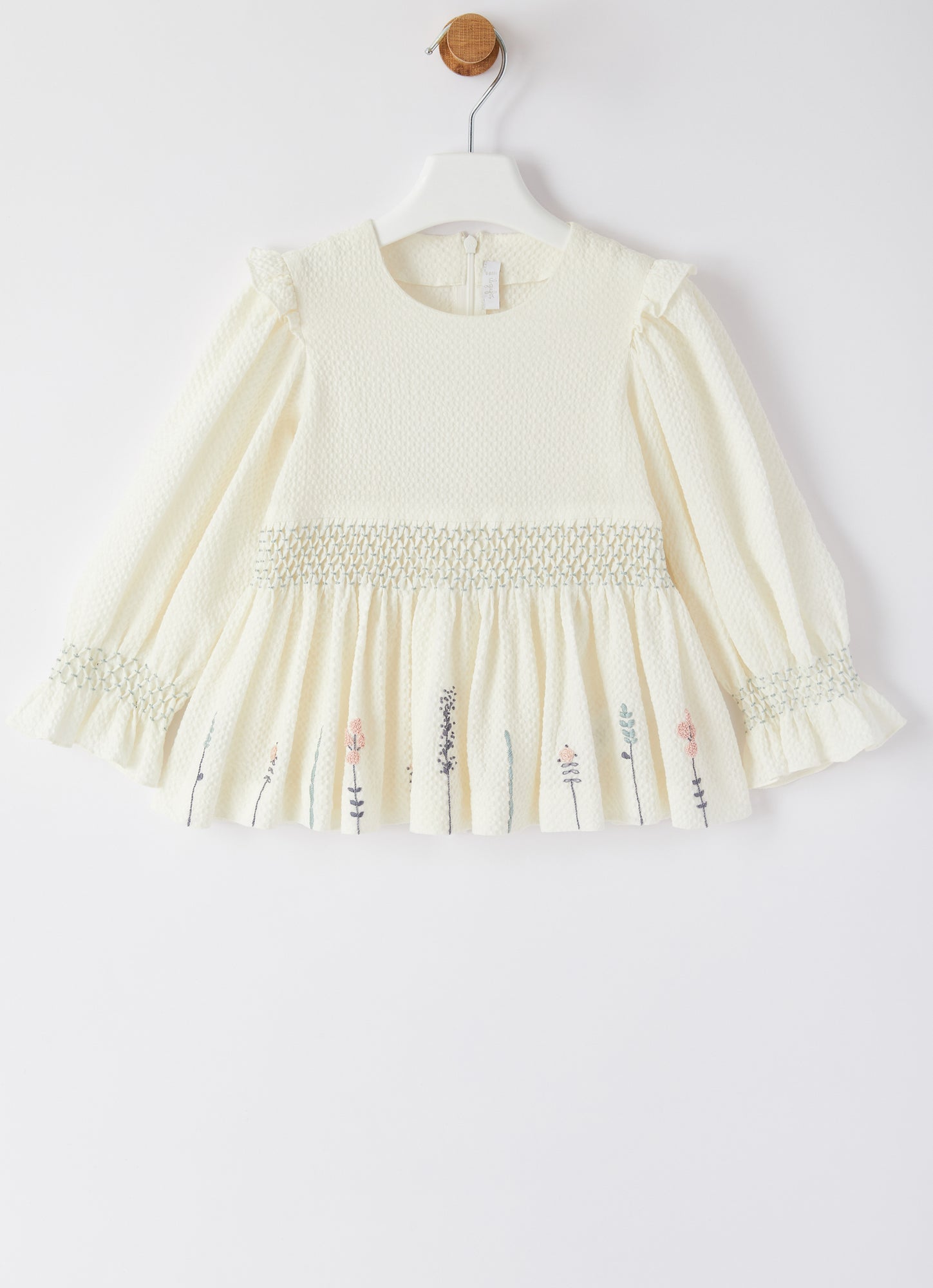 Embossed Cotton Top with Embroidery | Latte/Lago