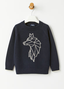 Wolf Embroidery Cotton Sweater | Blue/Pearl Grey