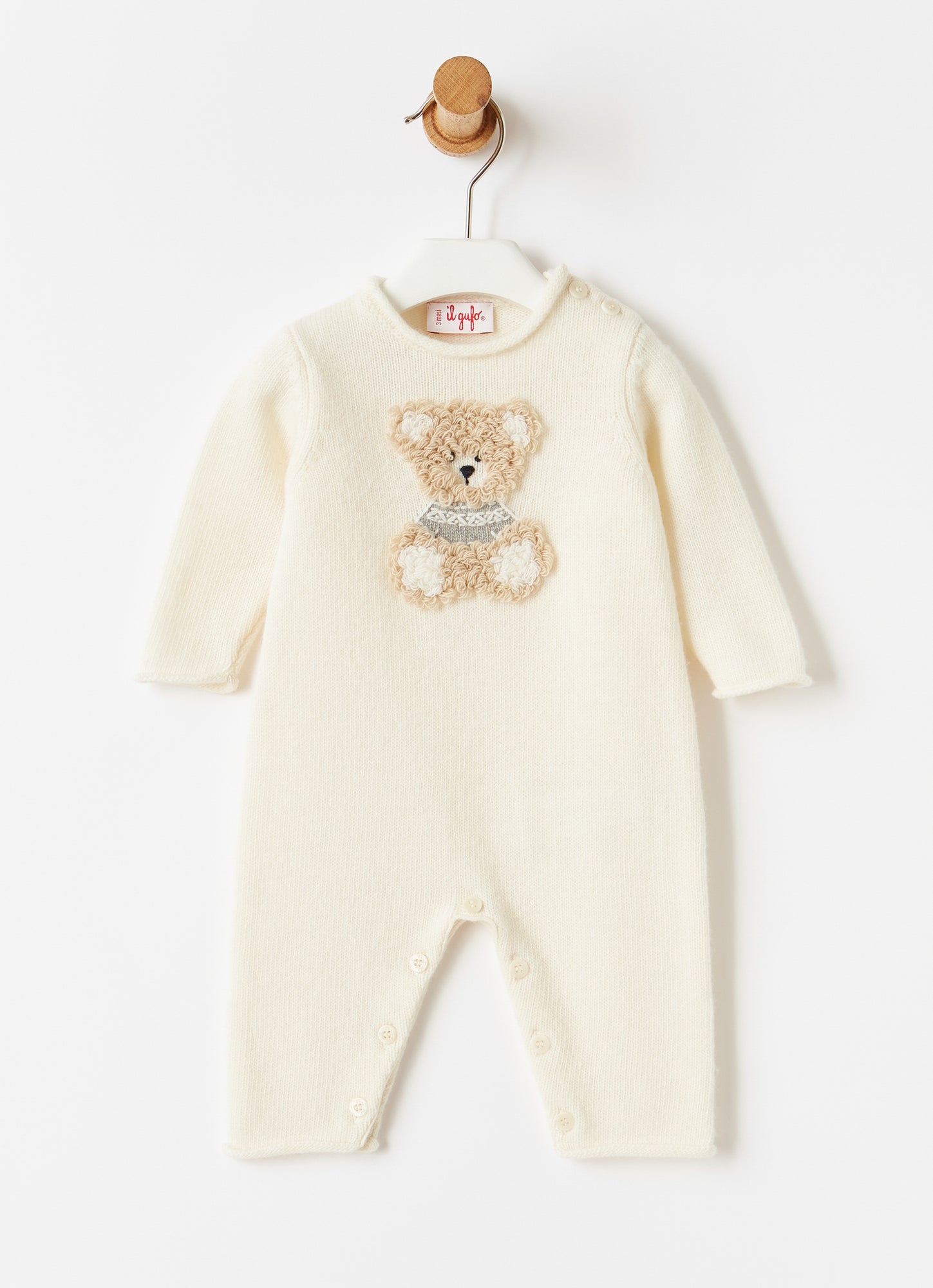 Wool Playsuit with Teddy Bear | Milk