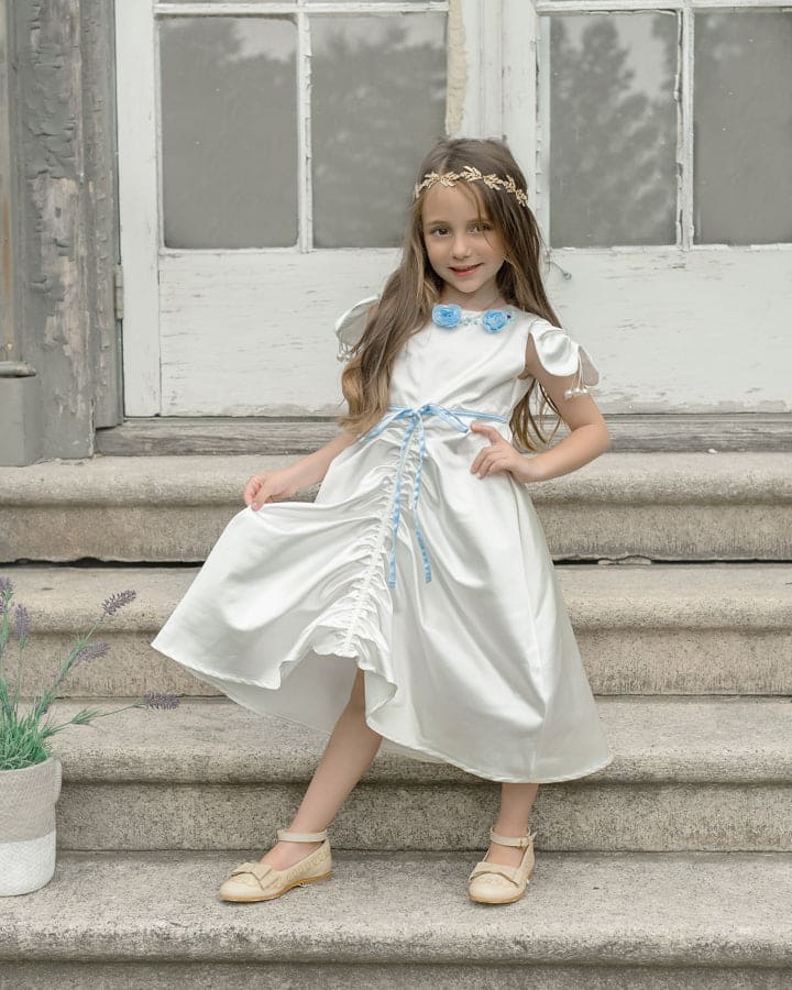 Girl | Daphne Satin Dress with Embroidery | White x Blue