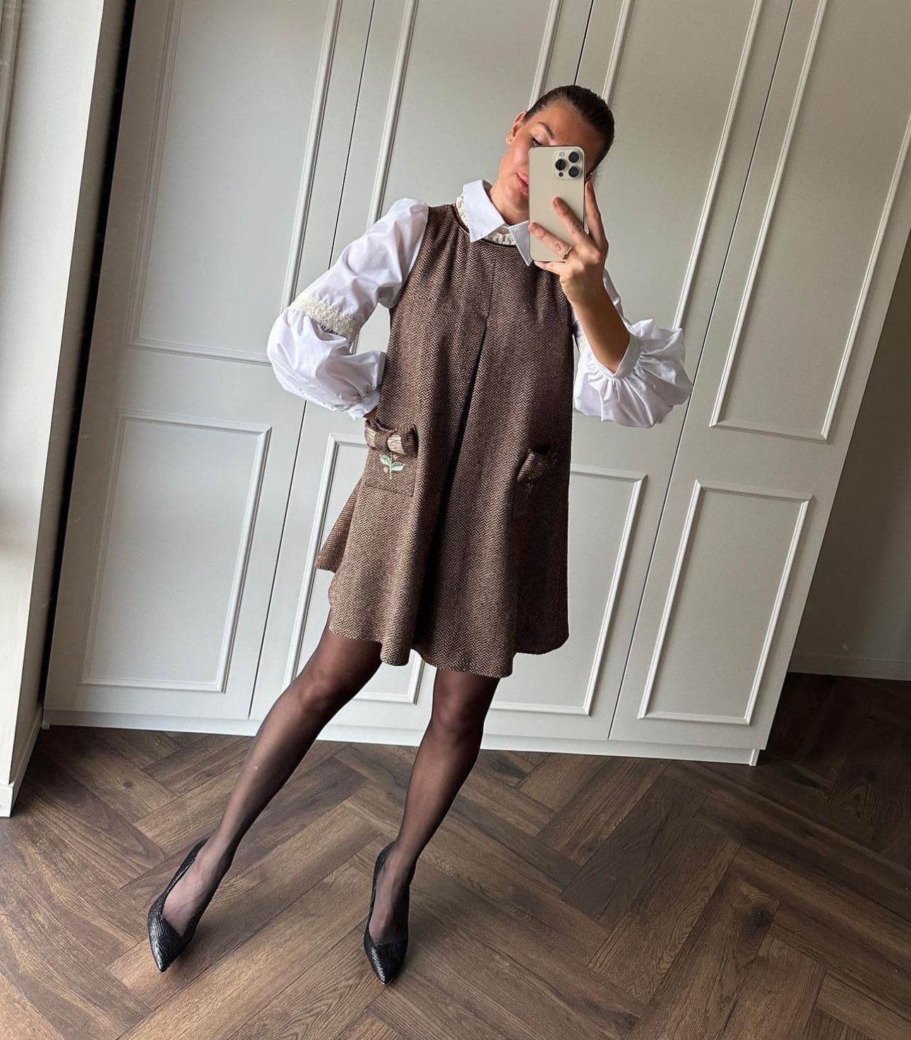 Women | Herringbone Tweed Mom Dress | Brown x White