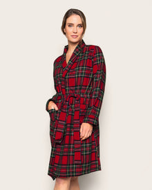The Women's Brushed Twill Robe in Imperial Tartan features a red plaid pattern, long sleeves, a shawl collar, front pockets, and a matching waist tie, shown flat on a white background.