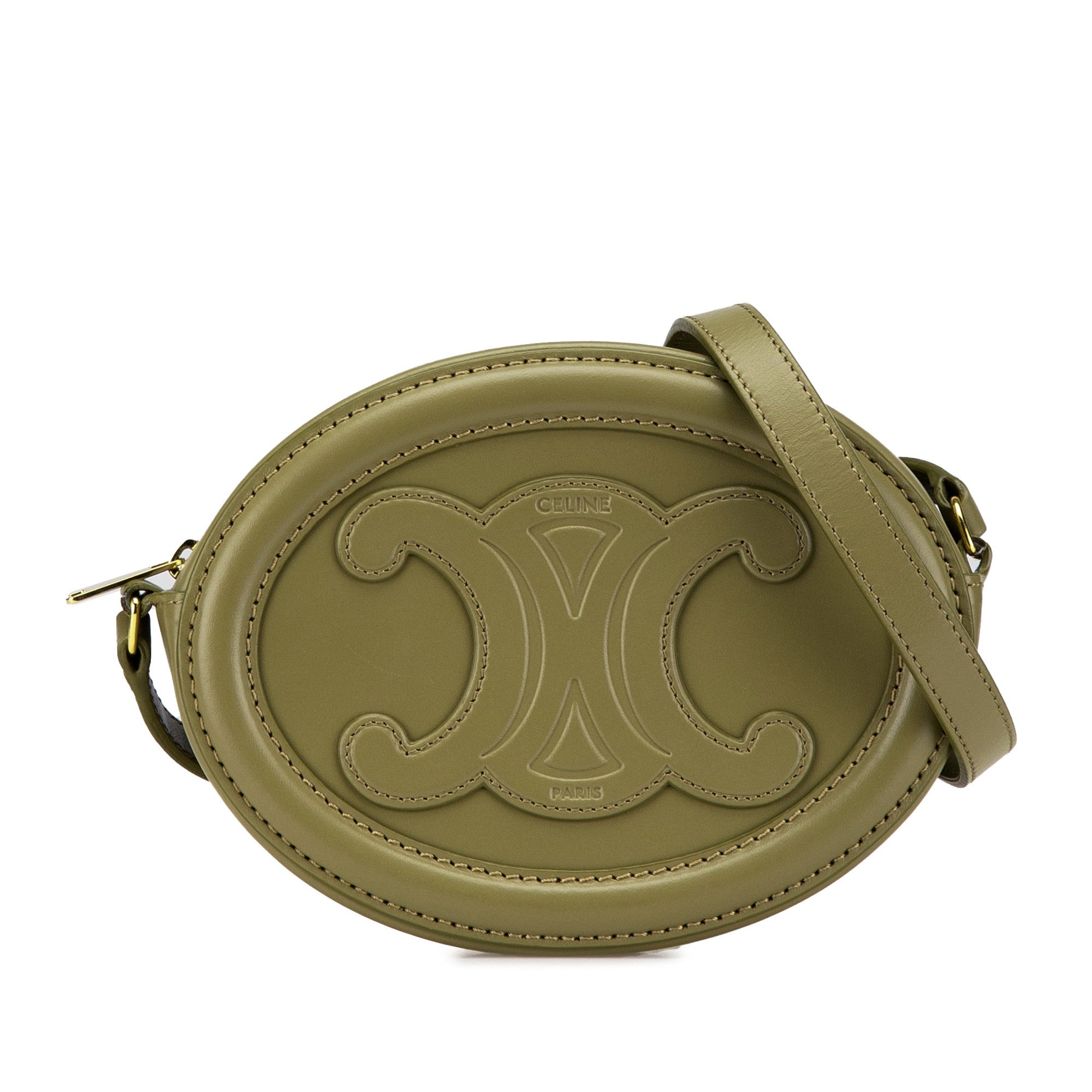 Celine | Pre-Owned Small Calfskin Cuir Triomphe Oval Crossbody | Green/Olive Green