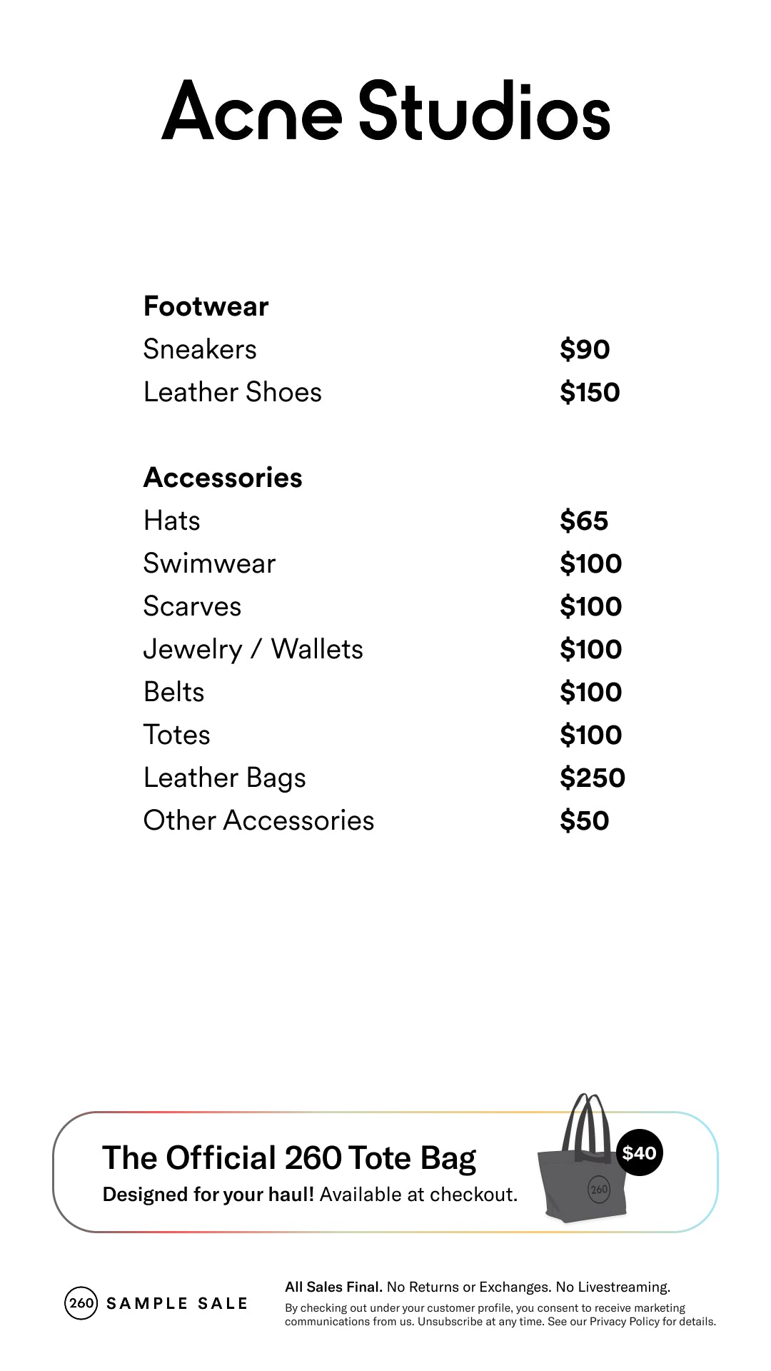 Price table